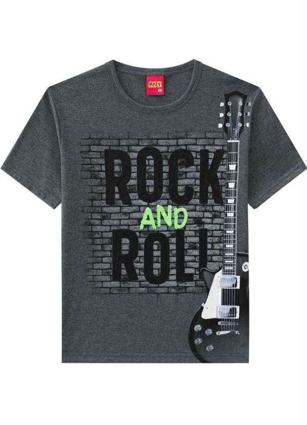 Camiseta cinza com uma estampa com o nome Rock and Roll e uma guitarra ao lado